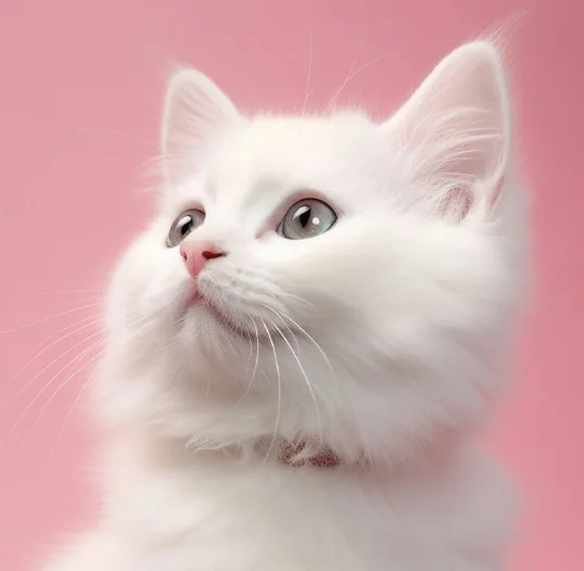 Gatito blanco mirando hacia arriba sobre fondo rosado